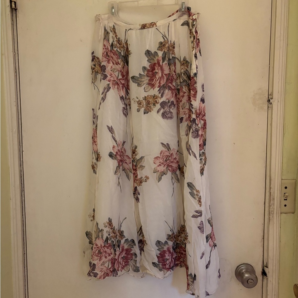 White and Pink Asymmetrical A-Line Maxi Skirt
